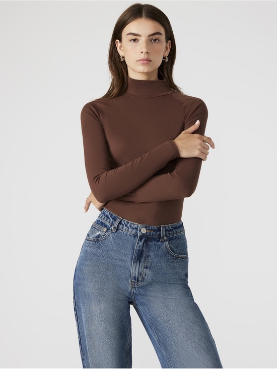 Babaton Tops - Babaton - Mock Neck Long-Sleeve Top in Brown